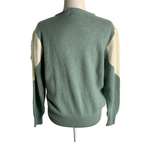 Vintage 80s Lambs Wool Angora Knit Sweater M Green Embroidered Floral Pullover - Picture 4 of 7